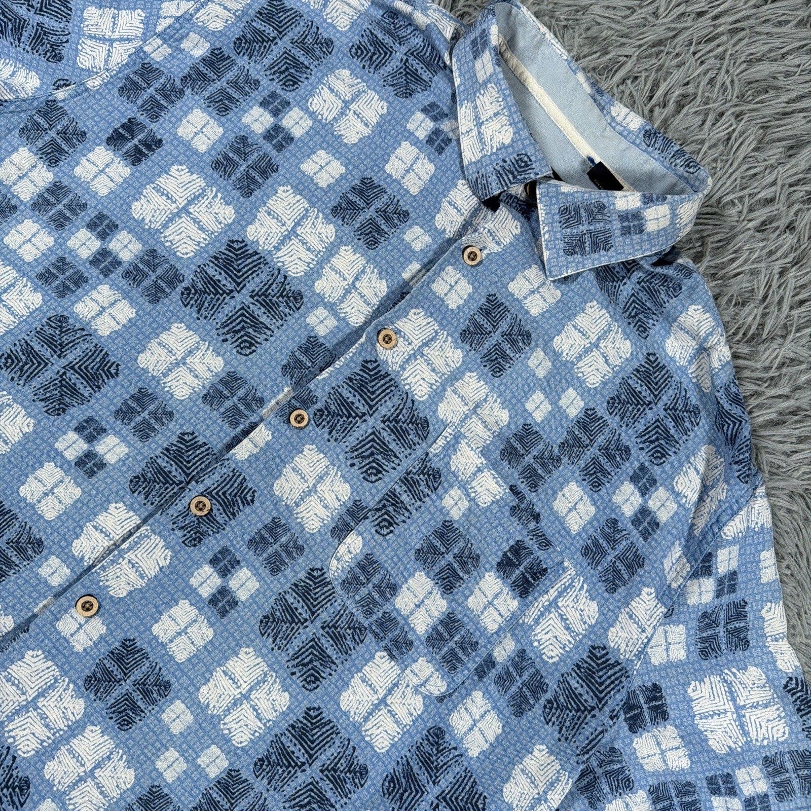 Nat Nast Shirt Xxl Blue White Button Up Silk Blend Square Print Casual Mens